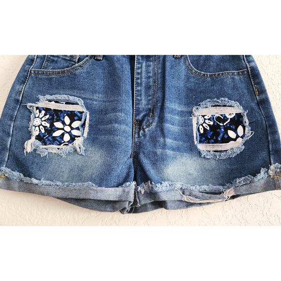 JEAN SHORTS-Short Shorts-Daisy Dukes-Torn-Patches-Denim-Size Small - Picture 2 of 6
